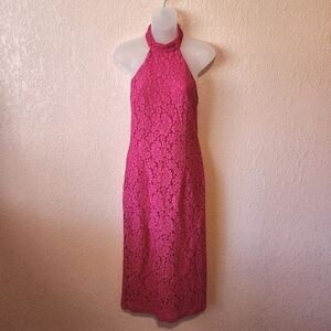 Zara Hot Pink Fuschia Halter Floral Lace Bodycon Midi Dress